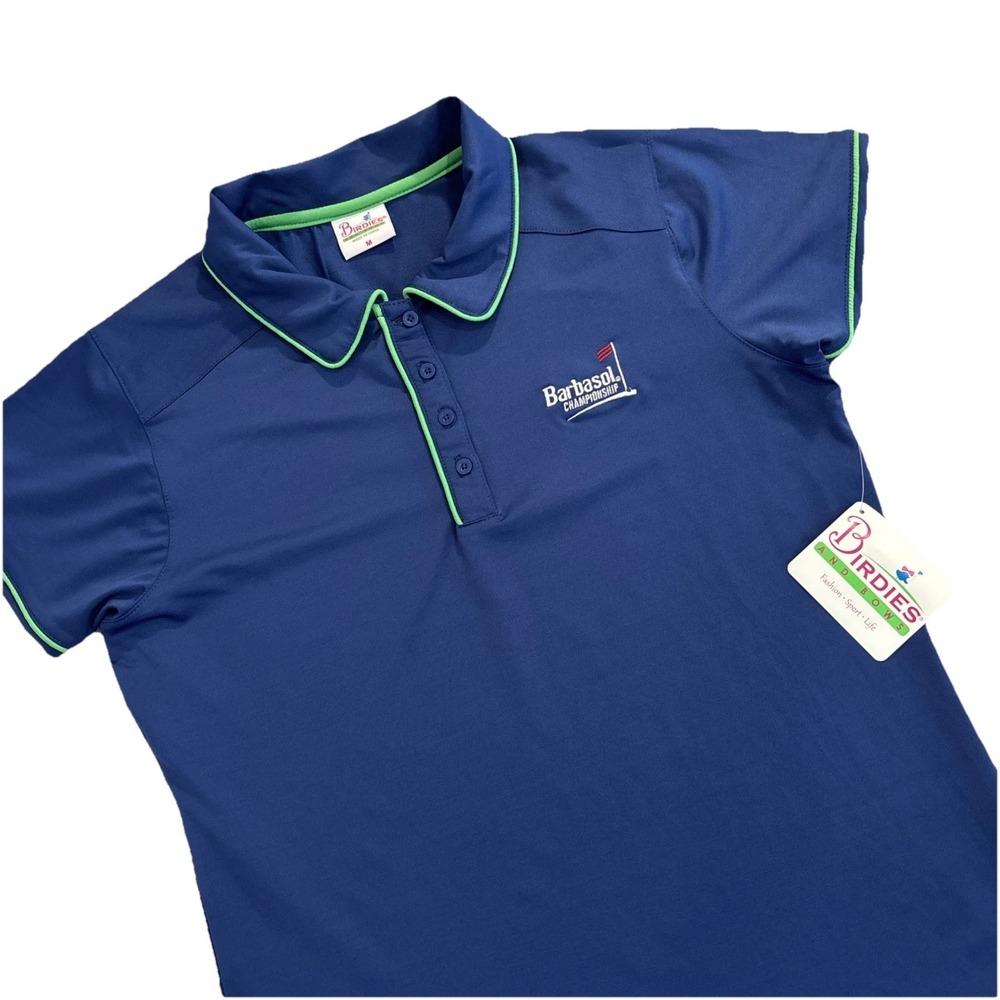 NWT Birdies & Bows MEDIUM BLUE BARBASOL CHAMPIONSHIP Pitch/putt Golf Polo Womens